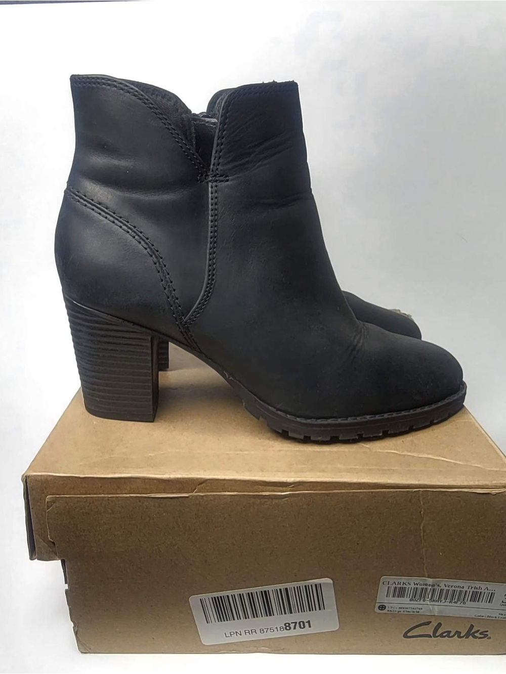 Clarks Black Leather Stacked Heel Ankle Booties size 7.5